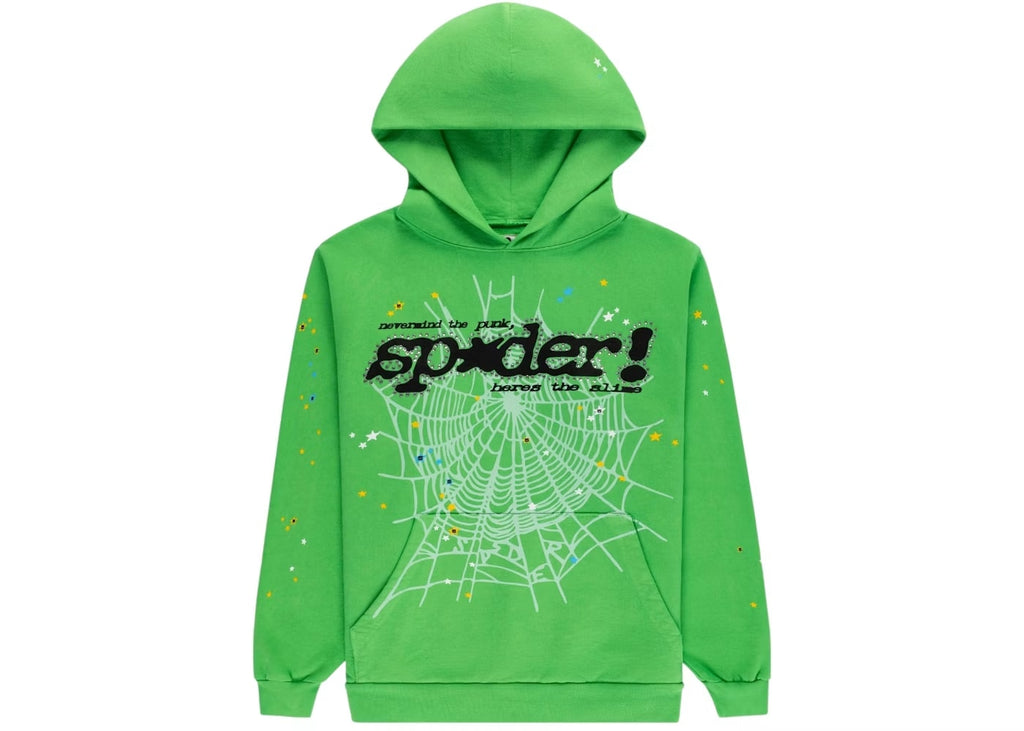 Sp5der Punk V2 Rhinestone Hoodie Bright Green
