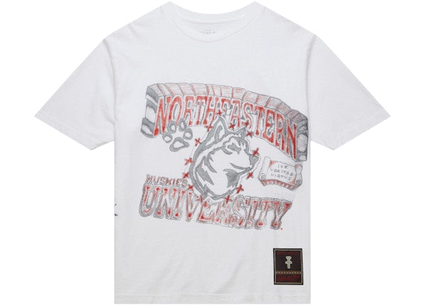 Travis Scott x Mitchell & Ness Northeastern Huskies Hand-Drawn T-Shirt White