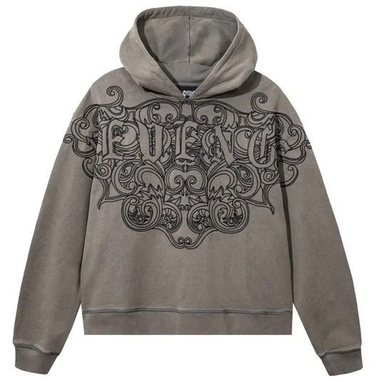Revenge Crest Embroidered Hoodie Distressed Grey
