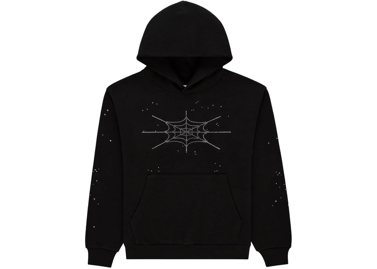 Sp5der Rhinestone Silk Hoodie Black