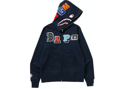 BAPE Multi Fonts Shark Full Zip Hoodie Navy