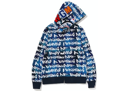 BAPE Graffiti Check Shark Full Zip Hoodie Blue