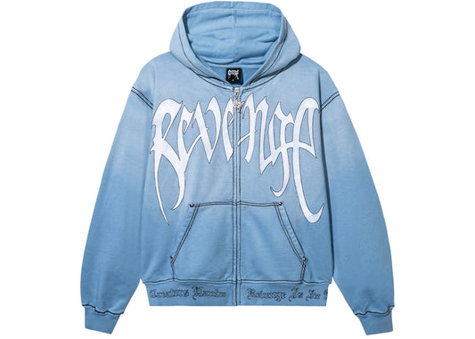 Revenge Contrast Skull Embroidered Zip Sweatshirt Washed Baby Blue/White