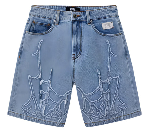 Revenge Spider Web Embroidered Denim Shorts Indigo 